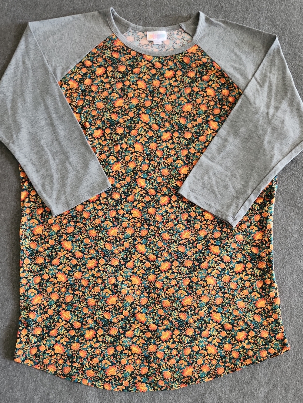 LuLaRoe Womens Grey Raglan Top Orange Fall Floral Print Size Large Autumn Casual